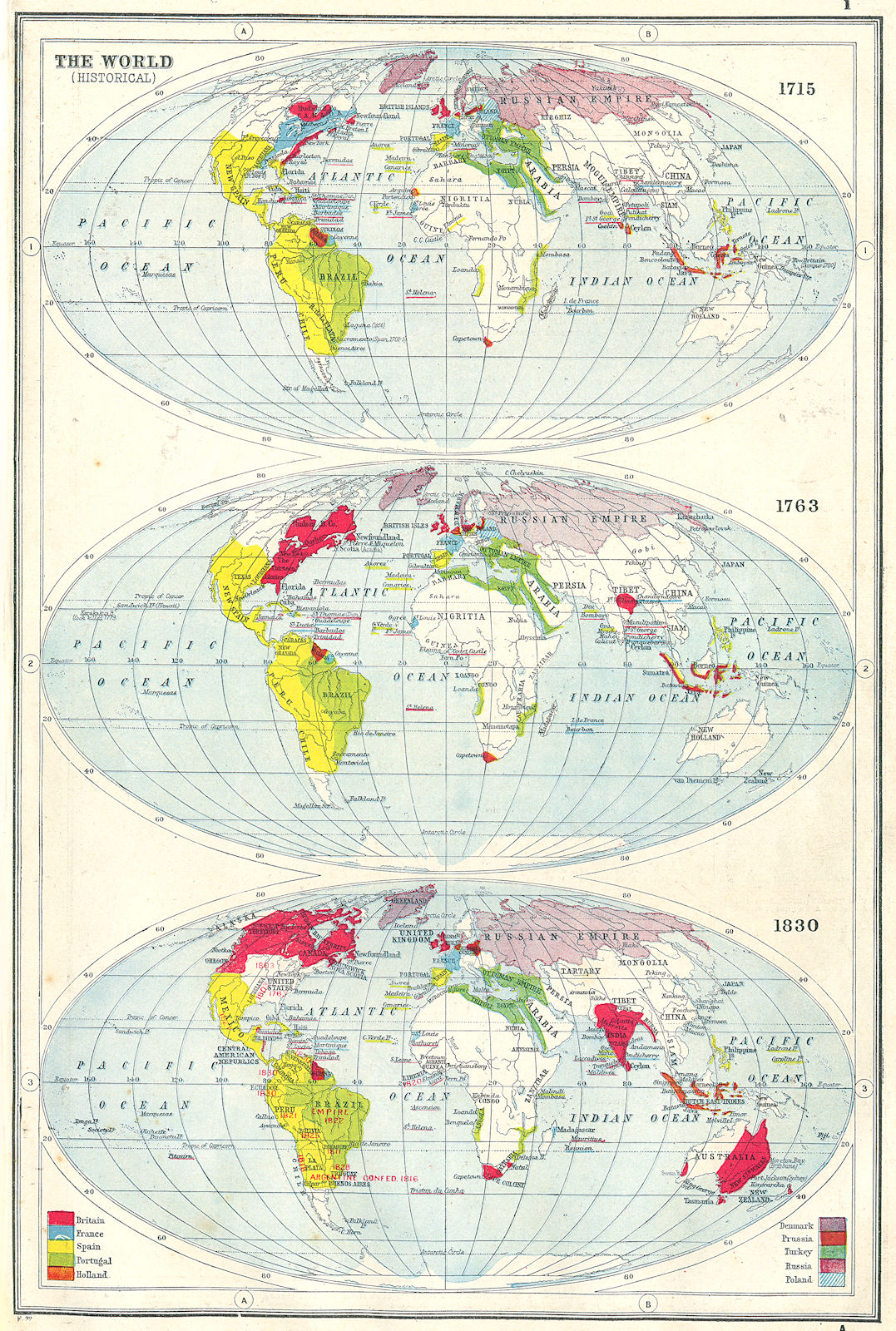 WORLD. Historical - in 1715, 1763 & 1830. 18th & 19th centuries 1920 old map